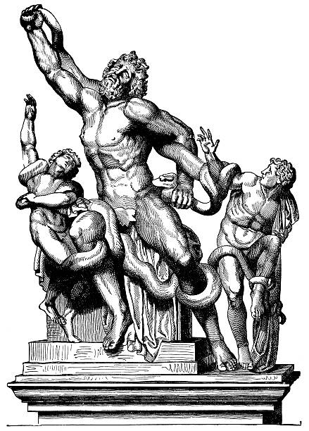 Laocoon, The False Priest Engraving From 1882 Of Laocoon, The False Priest.  He Warned Against Accepting The Trojan Horse And Was Killed By Two Serpents As Shown In The Engraving. neptune roman god stock illustrations
