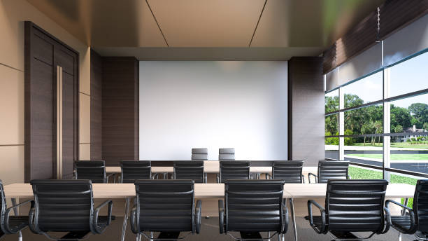 Large conference room in hotel , 3d rendering Large conference room with projector screen office backgrounds stock illustrations