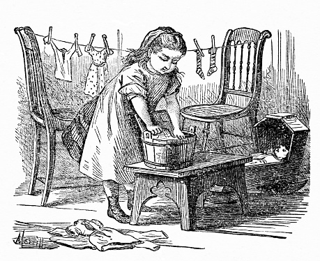A young girl hand-scrubs her doll clothes and hangs them on a clothesline. Illustration published 1890. Source: Original edition is from my own archives. Copyright has expired and is in Public Domain.