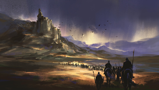 A legion marching towards the medieval castle, 3D illustration.