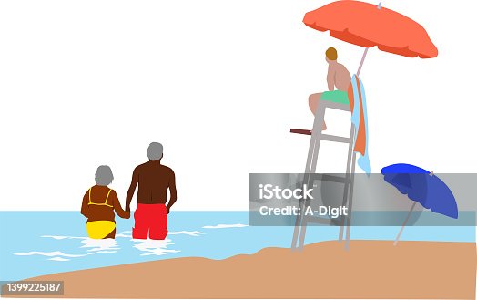 istock Lifeguard Chair On Beach Wading Couple 1399225187
