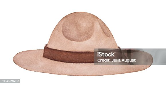 istock Light brown felt campaign hat. Part of uniform of Royal Canadian Mounted Police (RCMP), New Zealand Army, United States Park Rangers, Scouts. Hand painted watercolour drawing, cutout clip art element. 1134528703