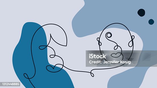 istock Line art illustration of two people with blue abstract background 1312448885