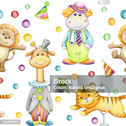 istock lion, giraffe, hippopotamus, tiger. Watercolor animals on an isolated background. Circus seamless pattern, cartoon style. 1418695141