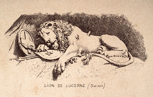 Vintage illustration, Lion Monument, or the Lion of Lucerne, is a rock relief in Lucerne, Switzerland, designed by Bertel Thorvaldsen and hewn in 1820–21 by Lukas Ahorn. It commemorates the Swiss Guards who were massacred in 1792 during the French Revolution, when revolutionaries stormed the Tuileries Palace in Paris