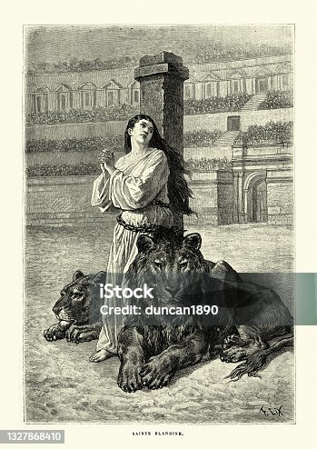 istock Lions refusing to attack Saint Blandina, Christian martyr, Ancient Roman arena Lyon 1327868410