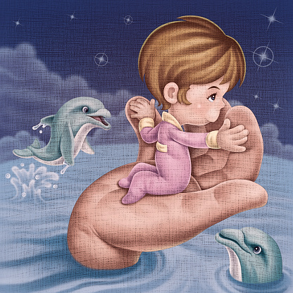 digital painting / raster illustration of little boy meeting dolphin