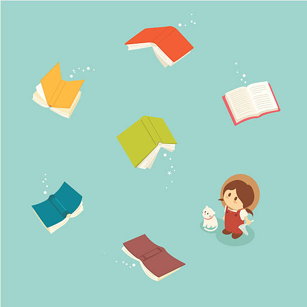little girl series: magical flying books - book stock illustrations