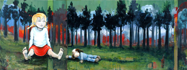 Little girl sits in the eerie woods Dark trees and a dark swirling rainbow sky as a little girl sits with her little doggy doll. broken doll 1 stock illustrations