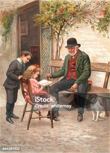 istock Little Victorian girl reading a book with her family and dog 664381902