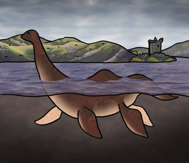Loch Ness Monster The legendary Loch Ness Monster swims past Castle, Scotland. loch ness monster stock illustrations