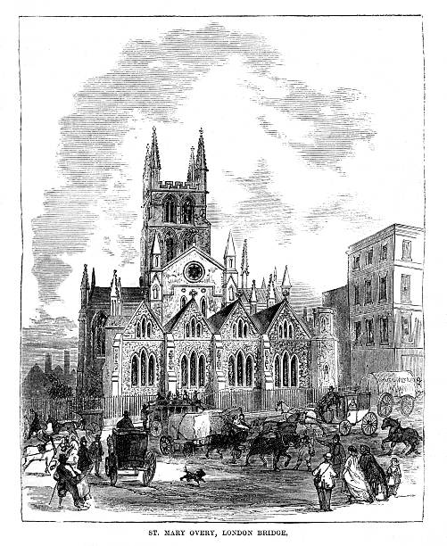 London Bridge church - old print from 1867 magazine vector art illustration