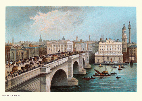 Vintage illustration of London Bridge crossing the Thames, Victorian, 19th Century