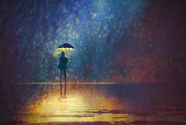 stockillustraties, clipart, cartoons en iconen met lonely woman under umbrella lights in the dark - eenzaamheid