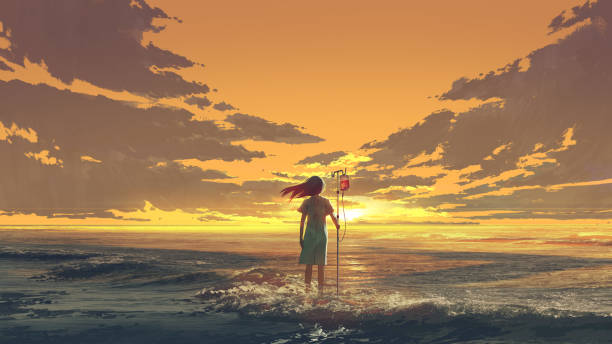 looking at the eternal sunset vector art illustration