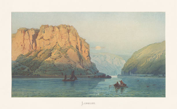 bildbanksillustrationer, clip art samt tecknat material och ikoner med loreley, berömd klippa vid floden rhen, tyskland, kromolithograph, ca. 1870 - f��rg