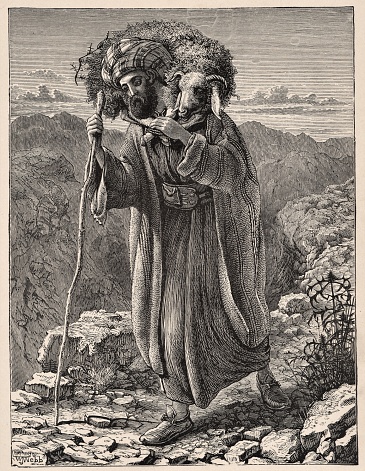 A Middle Eastern shepherd carries the lost lamb over his shoulders. Jesus Christ compares the sinner to a lost lamb. He says a good shepherd will leave the flock to find the one lost lamb. Bible theology. Christianity. Illustration published 1879. Source: Original edition is from my own archives. Copyright has expired and is in Public Domain.