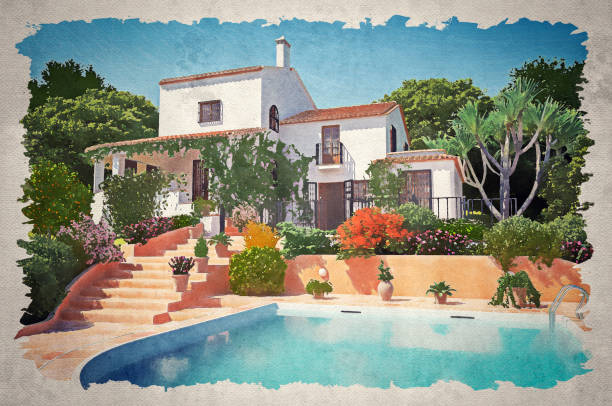 Luxury Mediterranean Style Villa (Watercolor) Watercolor painting that illustrate a luxury Mediterranean style holiday villa on a perfect cloudless summer day. airbnb stock illustrations