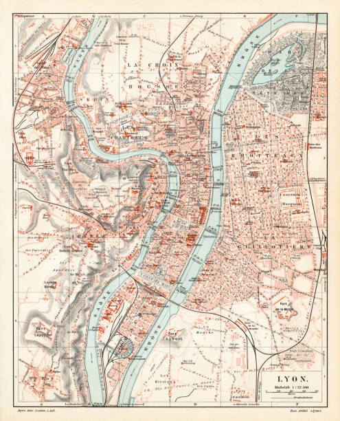 mapa miasta lyon 1895 - lyon stock illustrations