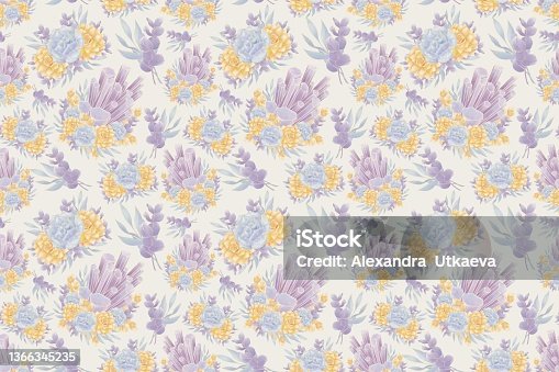 istock A magical, seamless pattern of purple crystal illustrations, decorated with a composition, a bouquet of succulent flowers on a beige background 1366345235