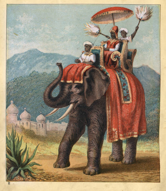 Maharaja riding on a howdah on Indian elephant, India, Victorian, 1880s, 19th Century vector art illustration