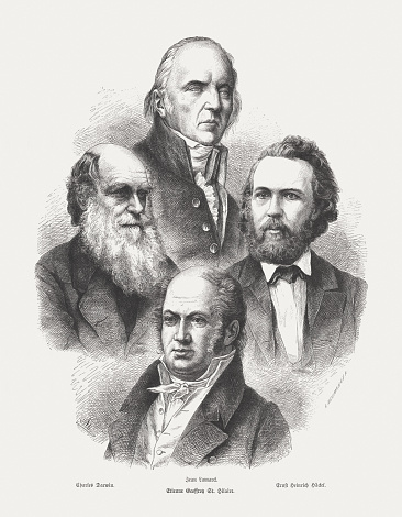 The four main proponents of Darwinism: Charles Darwin, Jean-Baptiste de Lamarck, Étienne Geoffroy Saint-Hilaire, Ernst Haeckel. Wood engraviing, published in 1873.