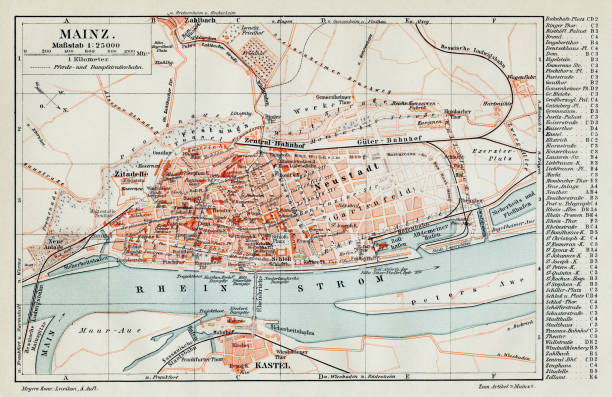 mainz şehir haritası 1895 - sainz stock illustrations