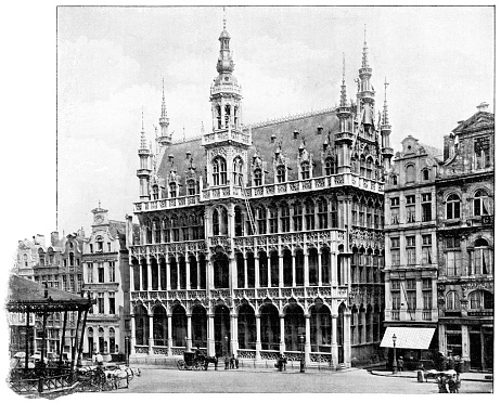 Maison du Roi (King's House) or Broodhuis (Bread House) on the Grand Place in Brussels, Belgium. Vintage halftone etching circa 19th century.