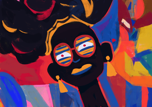 Majestic afro american with afro cut paint with 80s street graffiti and hip hop, mix-media illustration, street art and portrait. Gorgeous gouache with saturated color. Illustration for print