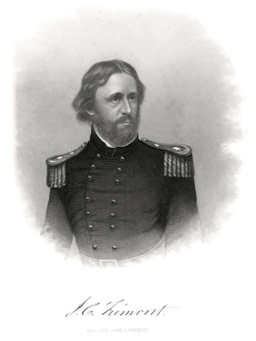 Vintage engraving from 1863 of John Charles Frémont an American military officer, explorer, and the first candidate of the anti-slavery Republican Party for the office of President of the United States. He served as a major general in the American Civil War, including a controversial term as commander of the Army's Department of the West.