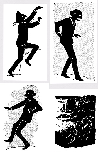 Four Silhouettes: A senior man climbs a cliff overlooking a jagged coast below; the man steps away from the cliff. Illustration published 1893. Source: Original edition is from my own archives. Copyright has expired and is in Public Domain.