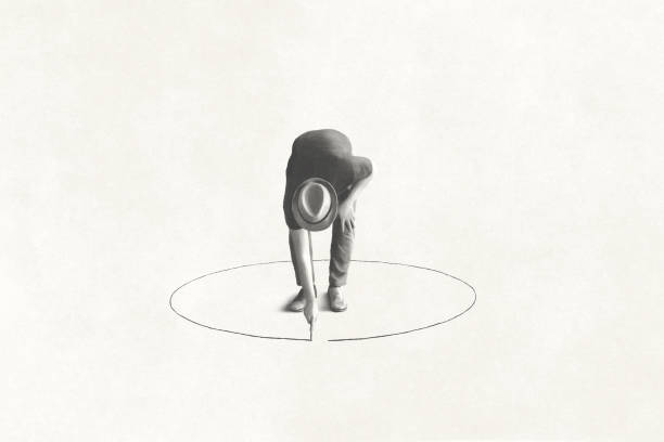 man drawing black circle around him with chalk, loneliness concept vector art illustration