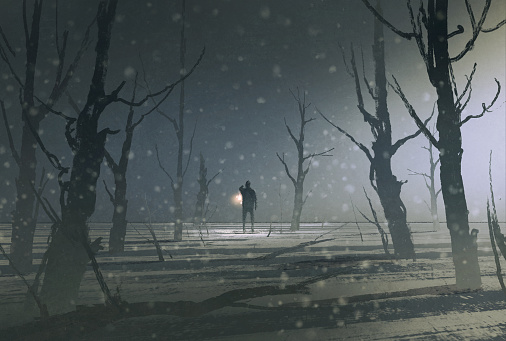 Man Holding Lantern Stands In Dark Forest With Fog Stock Illustration