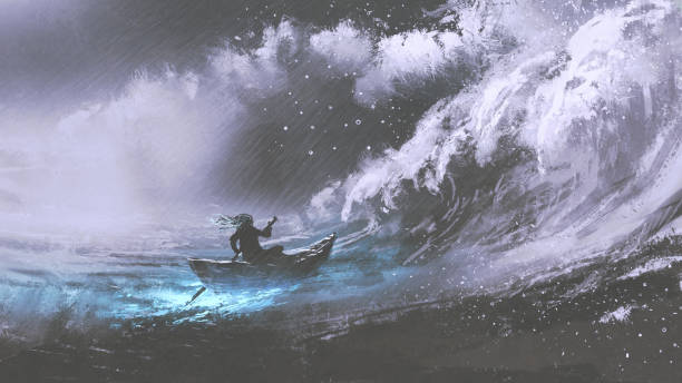 man in a boat in stormy sea man rowing a magic boat in stormy sea with rogue waves, digital art style, illustration painting storm stock illustrations
