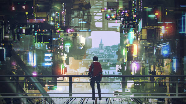 man in the cyberpunk city man standing on balcony looking at futuristic city with colorful light, digital art style, illustration painting cyberpunk stock illustrations