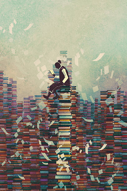 man reading book while sitting on pile of books man reading book while sitting on pile of books,knowledge concept,illustration painting literature stock illustrations