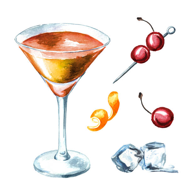 Manhattan cocktail with cherry and orange zest set. Watercolor hand drawn illustration isolated on white background Manhattan cocktail with cherry and orange zest set. Watercolor hand drawn illustration isolated on white background manhattan cocktail stock illustrations