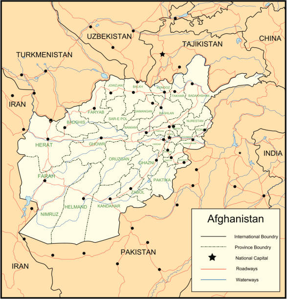 Map of Afghanistan "Detailed, Hand Traced map of Afghanistan complete with Main Roads, Waterways and Territory Markers. ai(cs2&v8),hi-res jpeg and eps included" afghanistan stock illustrations
