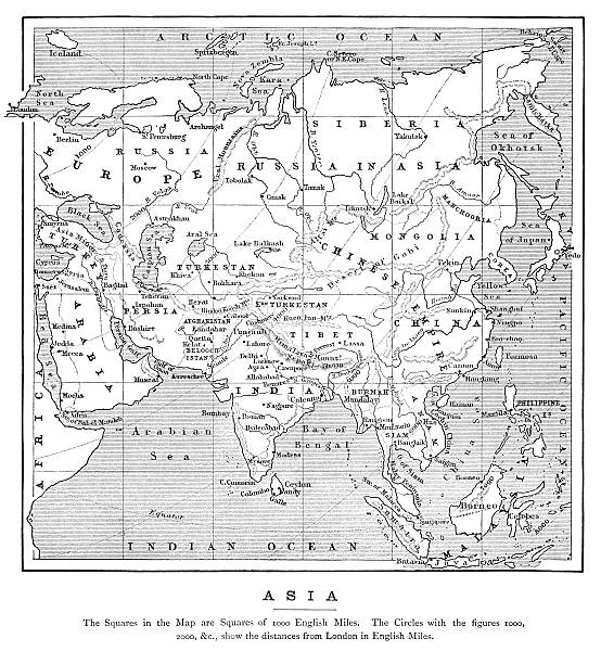 illustrazioni stock, clip art, cartoni animati e icone di tendenza di mappa di asia con distanze da londra (1882 - gobi desert