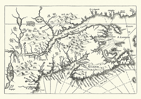 Vintage engraving of Map of Canada and Nova Scotia, 17th Century