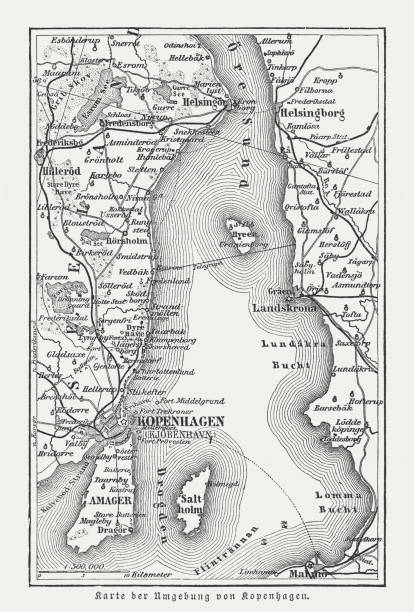 bildbanksillustrationer, clip art samt tecknat material och ikoner med karta över köpenhamn och omgivningar, danmark, träsnideri, publicerad 1897 - helsingborg