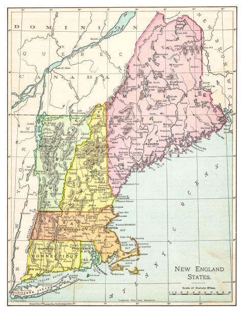 Map of New England states 1895 The Rand-McNally Grammar School Geography 1895 - Chicago & New York map of new england states stock illustrations