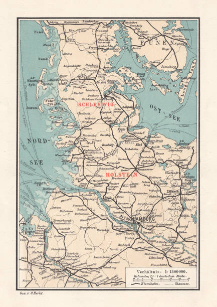 karte des landes schleswig-holstein, nördlichsten bundesland, lithographie, veröffentlicht 1887 - schleswig holstein stock-grafiken, -clipart, -cartoons und -symbole
