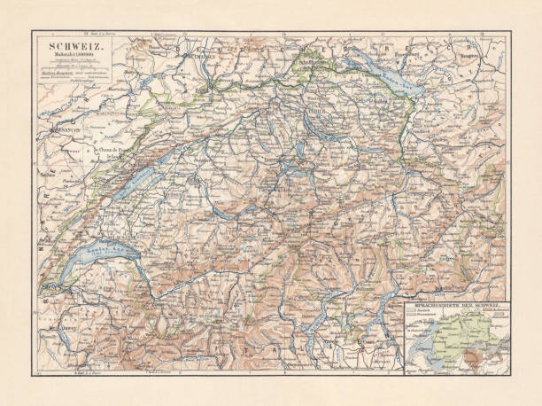Map of Switzerland and the different language areas, lithograph, 1897 Topographic map of Switzerland with a separate map of the different language areas. Lithograph, published in 1897. aargau canton stock illustrations