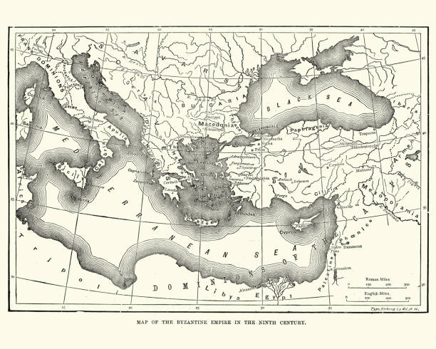 Map of the Byzantine Empire in the 9th Century Vintage engraving of a Map of the Byzantine Empire in the 9th Century byzantine stock illustrations