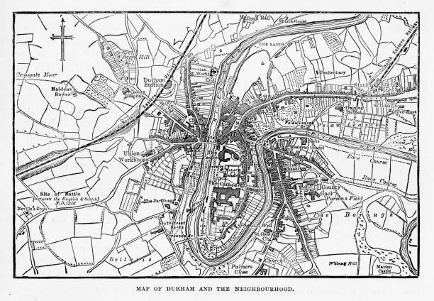 durham, i̇ngiltere'de victoria, 1840 oyma şehir haritası - sunderland stock illustrations