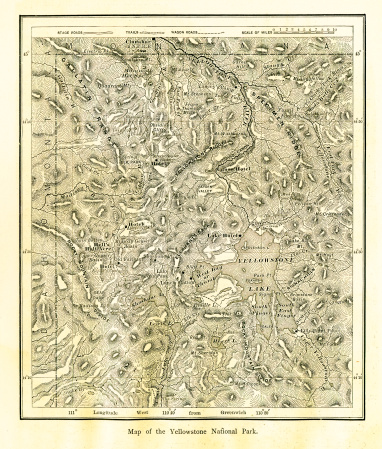 Map of Yellowstone National Park, located primarily in the U.S. state of Wyoming. Published in Picturesque America or the Land We Live In (D. Appleton & Co., New York, 1872).