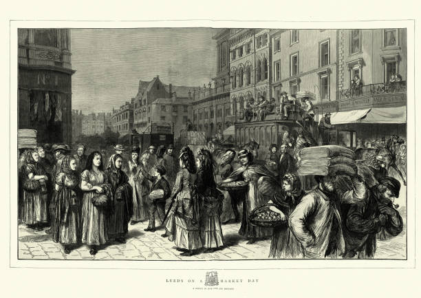 рыночный день, лидс, йоркшир, на кабан лейн и бриггейт, 1870-е годы - leeds stock illustrations