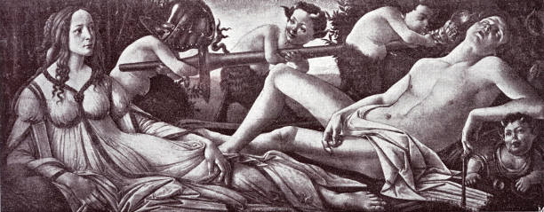 Mars and Venus, painting by Sandro Botticelli Illustration from 19th century. botticelli stock illustrations