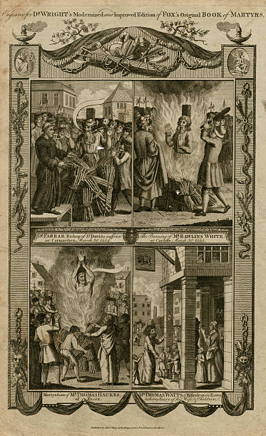 Martyrs in Carmarthen, Cardiff and Essex The Burning of Dr Farrar, Bishop of St David’s, at Carmarthen, Wales, in 1555. pain borders stock illustrations